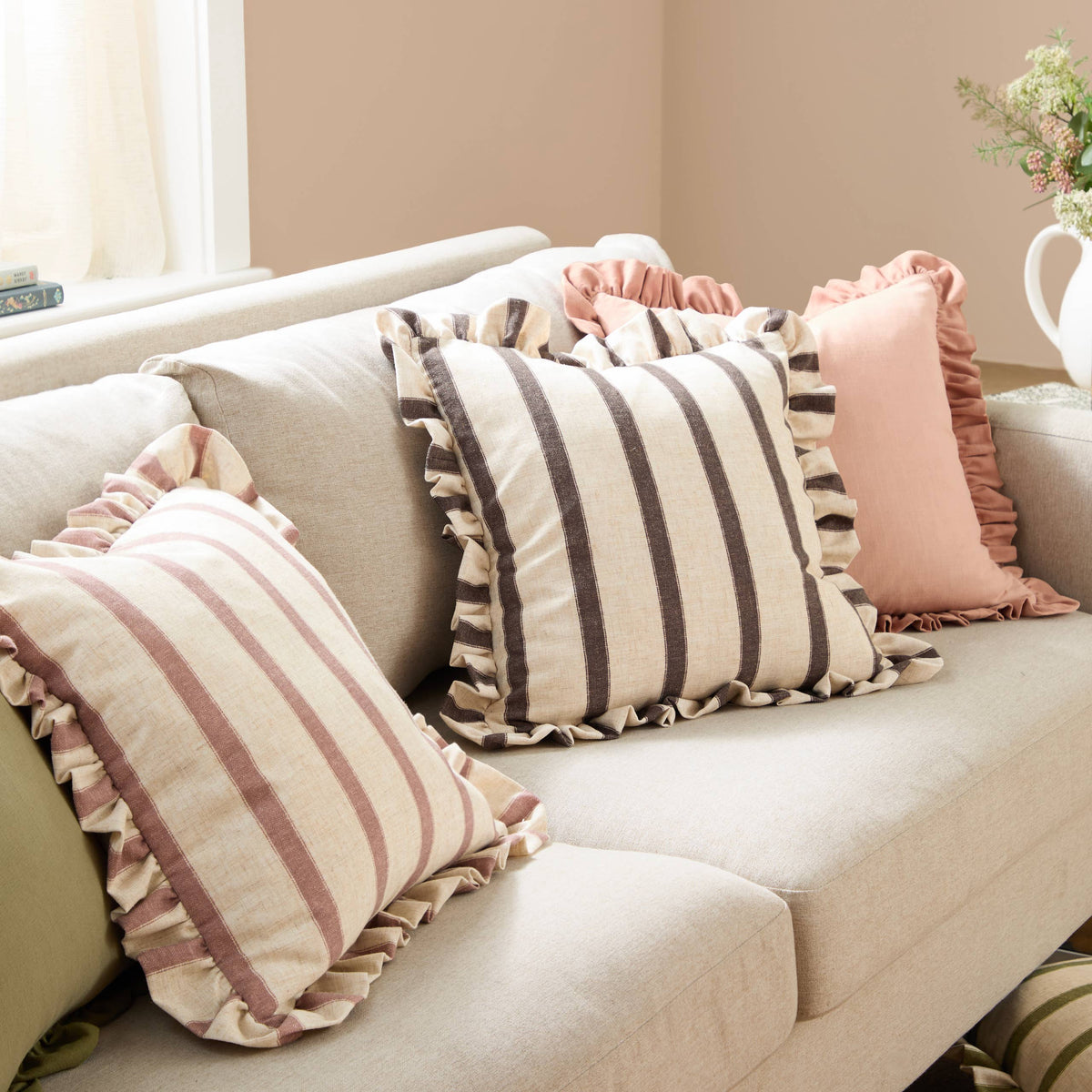 Connie Square Striped Ruffle Cushion Chocolate