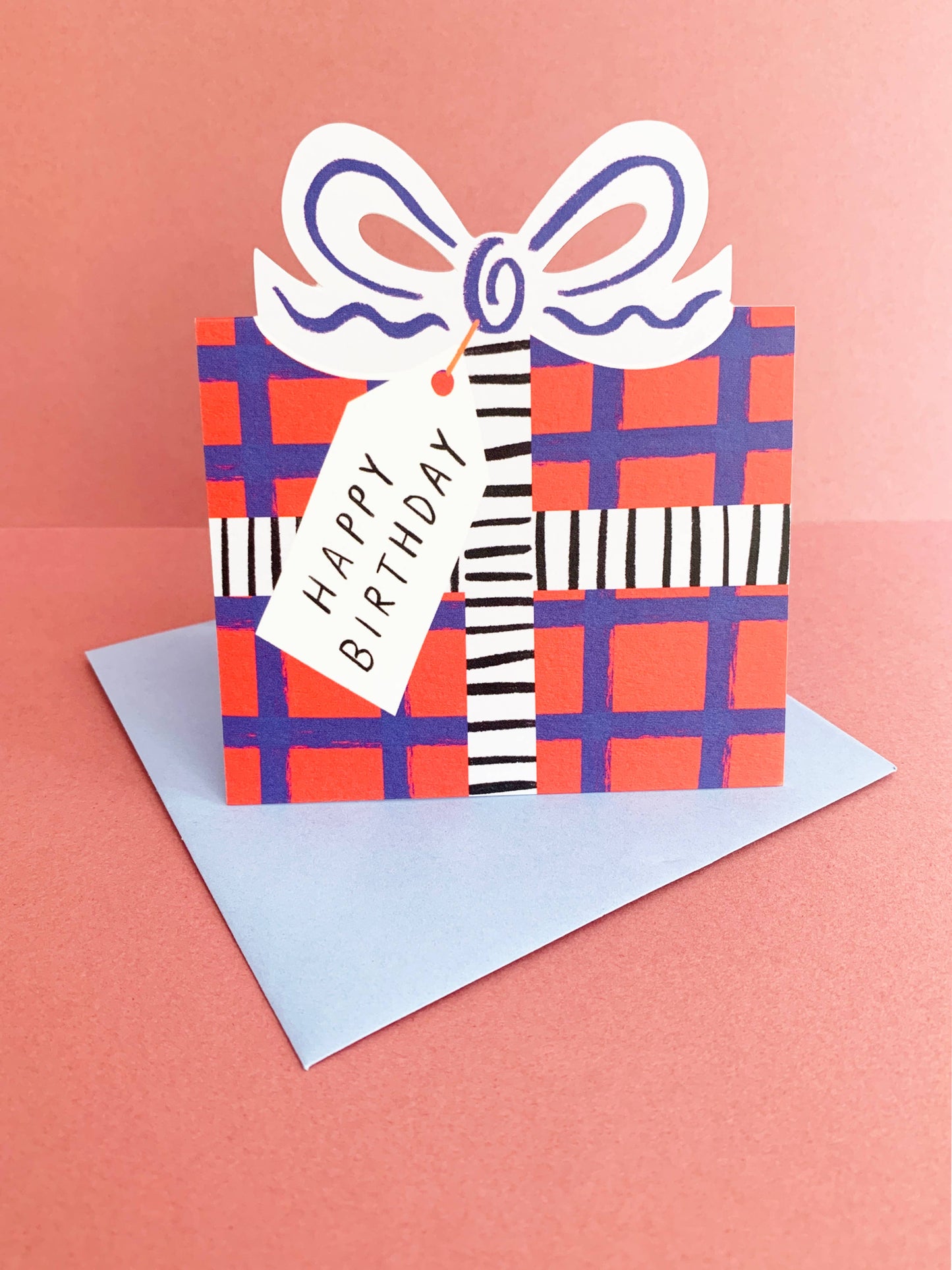 Birthday Bow Shaped Greeting Card - Red Blue Check