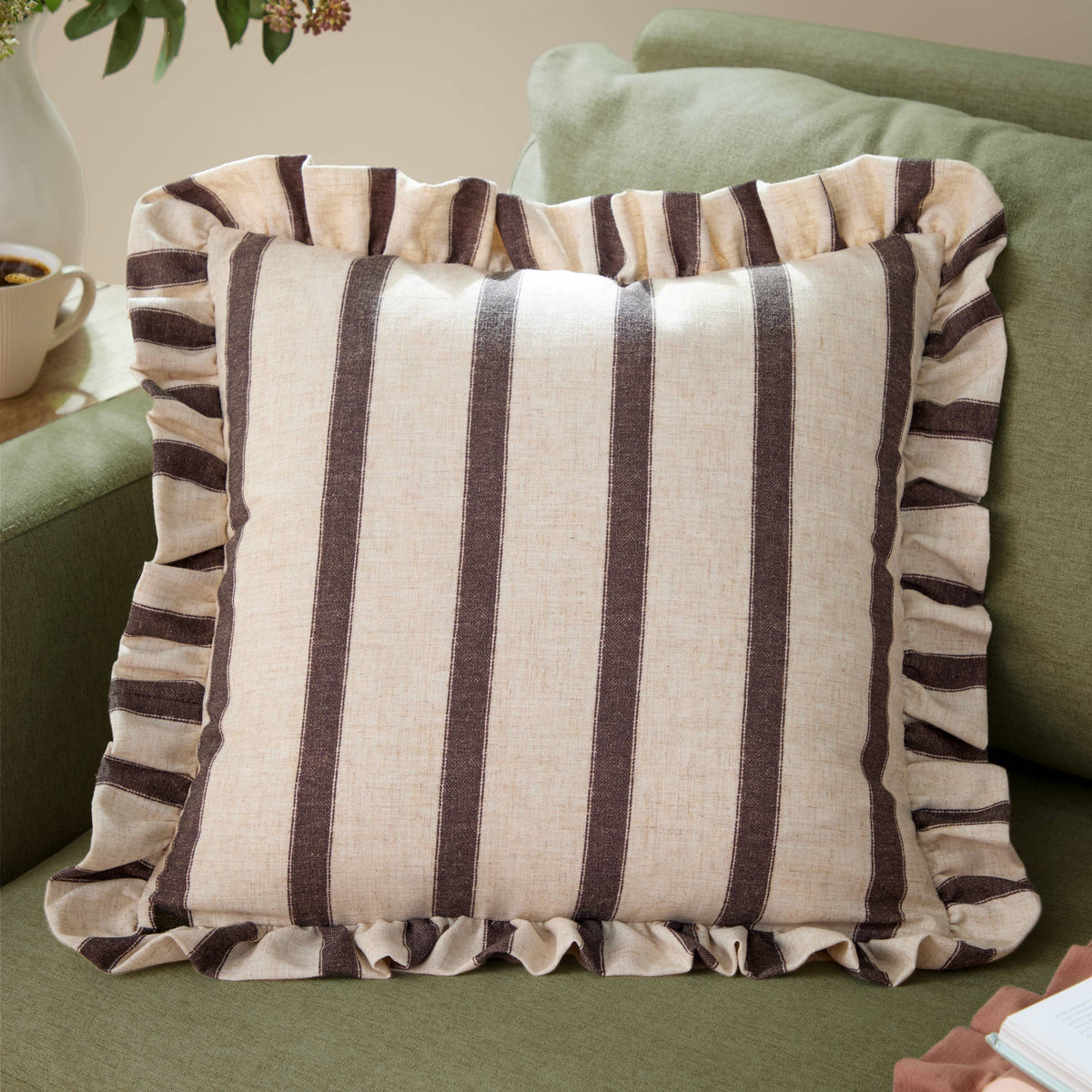 Connie Square Striped Ruffle Cushion Chocolate