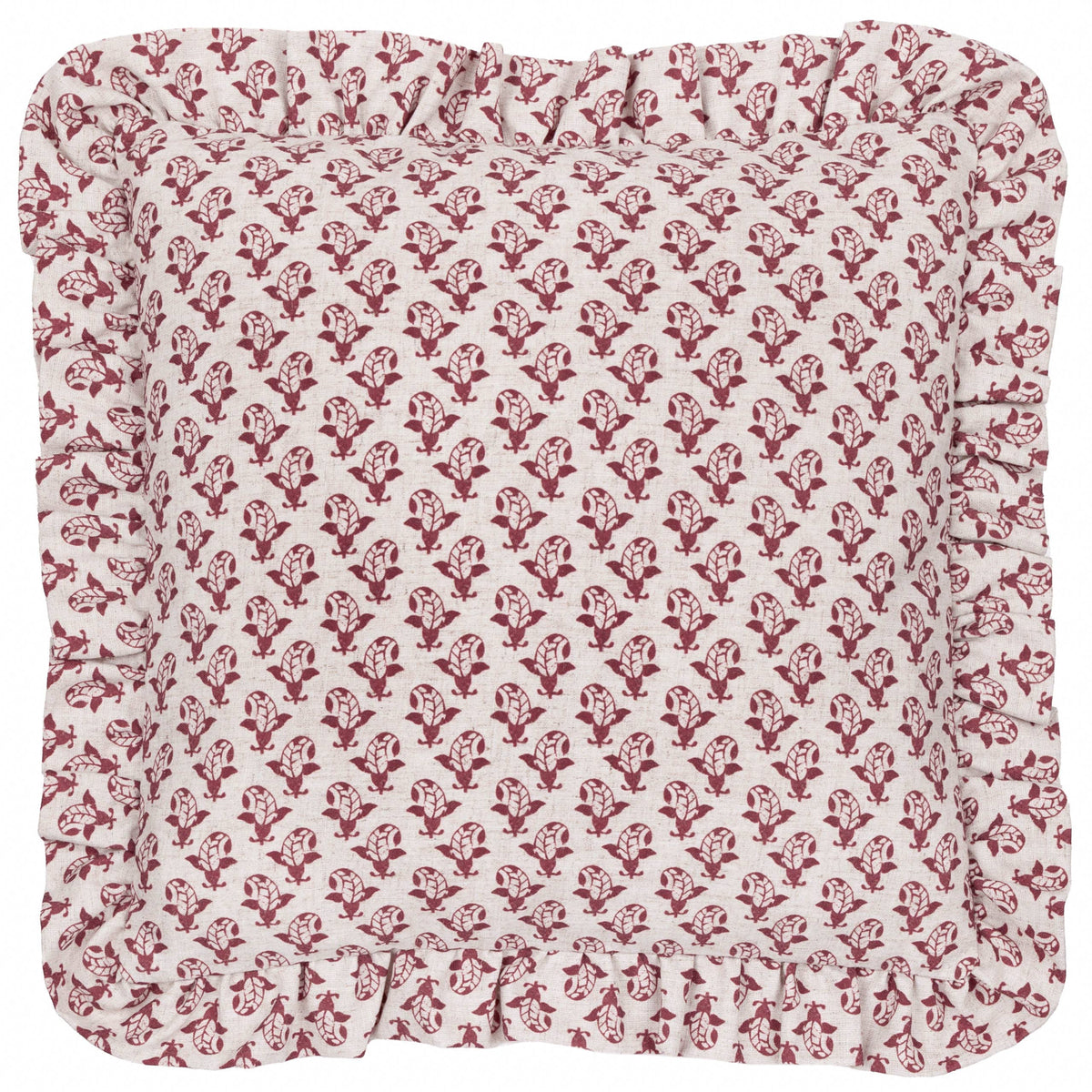 Lulah Block Printed Ruffle Cushion Linen/Red