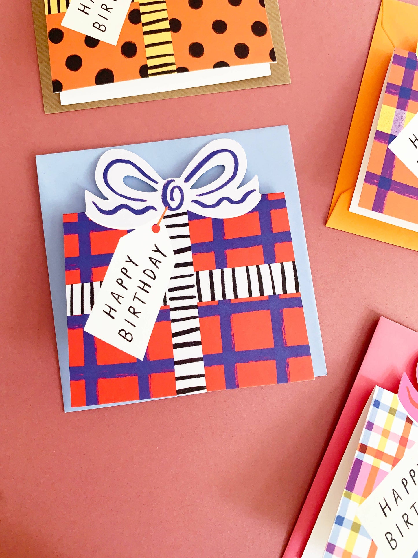 Birthday Bow Shaped Greeting Card - Red Blue Check