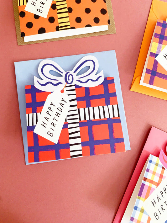 Birthday Bow Shaped Greeting Card - Red Blue Check