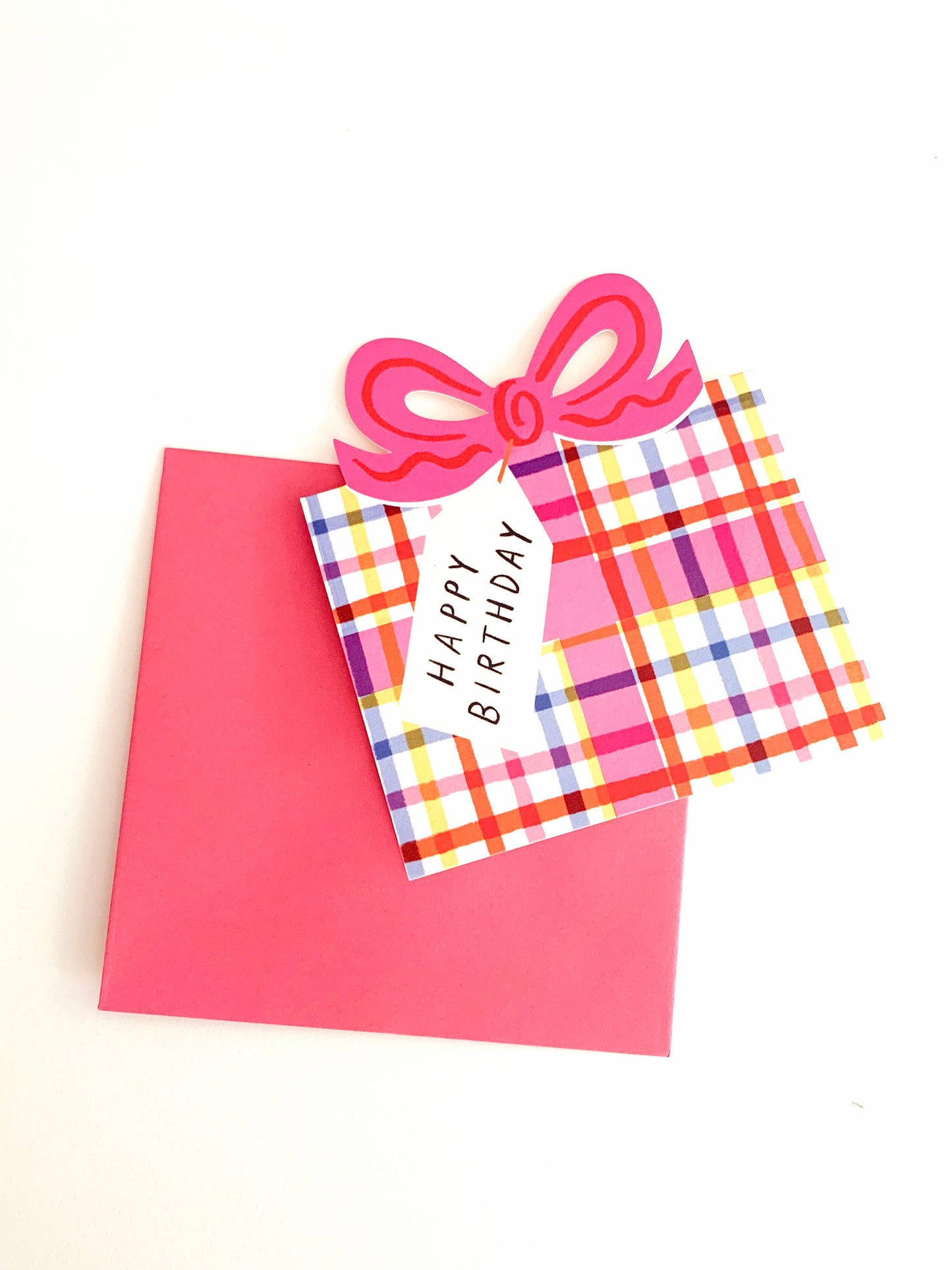 Birthday Bow Shaped Greeting Card - Red Blue Check