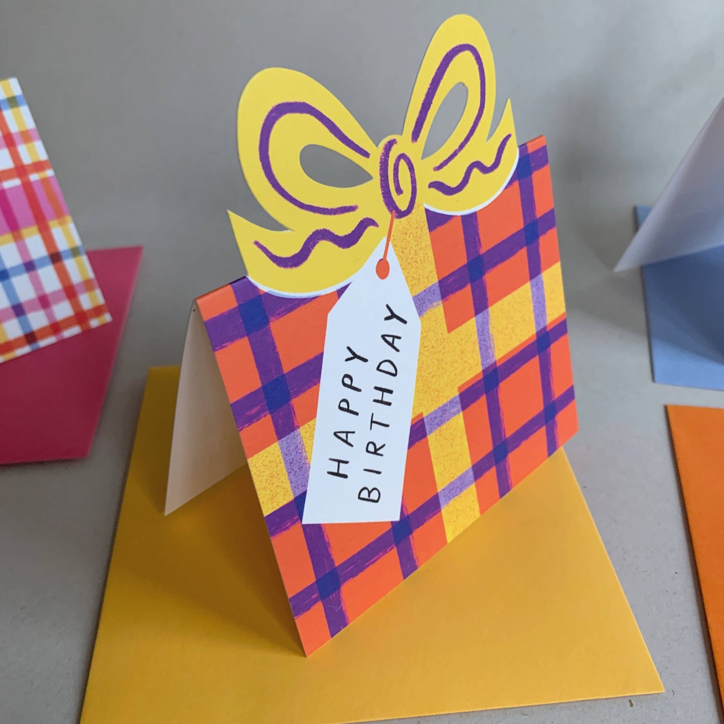 Birthday Bow Shaped Greeting Card - Red Blue Check
