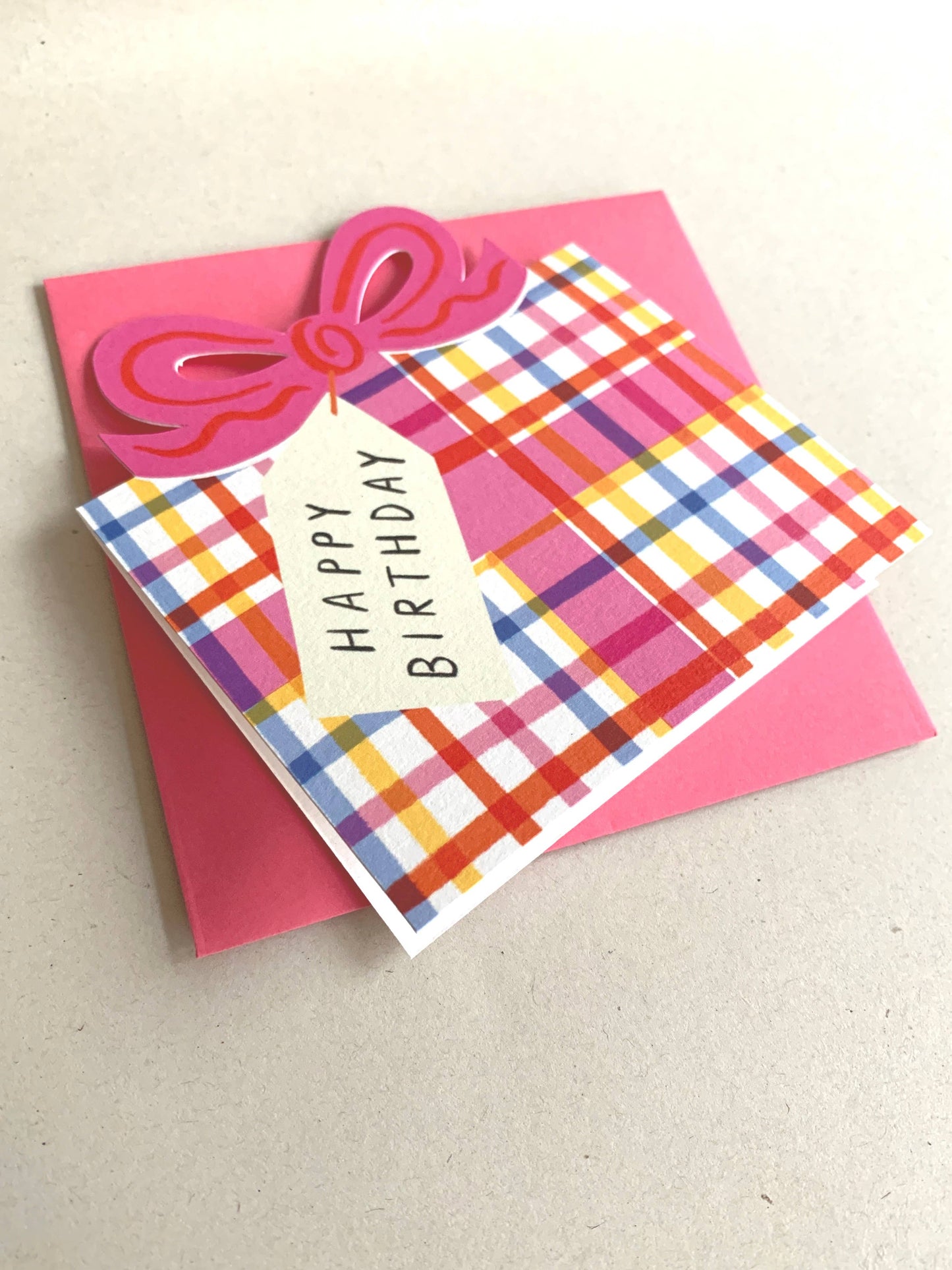 Birthday Bow Shaped Greeting Card - Red Blue Check